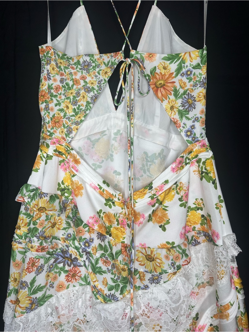 For Love & Lemons Rosalyn Marigold Floral Lace Patchwork Maxi Dress Medium - Picture 5 of 11